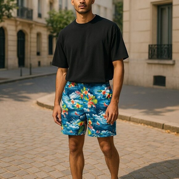VTG Polo Sport Ralph Lauren Mens Large Blue Hawaiian Floral Shorts Swim Trunks L - Picture 1 of 12